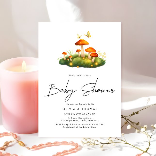 Trendy Modern Mushroom Woodland Script Baby Shower Invitation (Creator Uploaded)