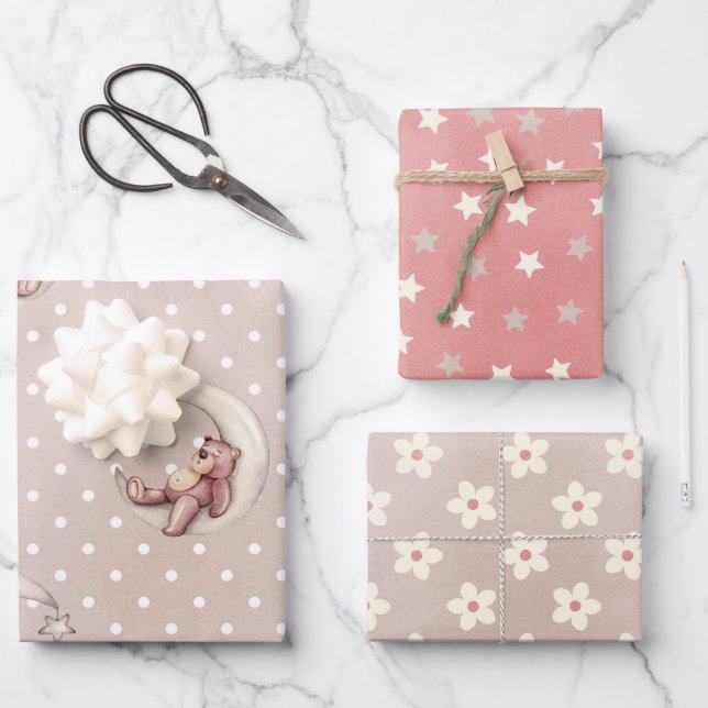 Trendy Modern Pastel Baby Bear Pink Taupe Cute Wrapping Paper Sheet (Front)