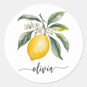 Trendy Modern Personalised Watercolor Yellow Lemon Classic Round Sticker