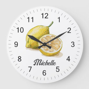 Trendy Modern Personalised Watercolor Yellow Lemon Large Clock