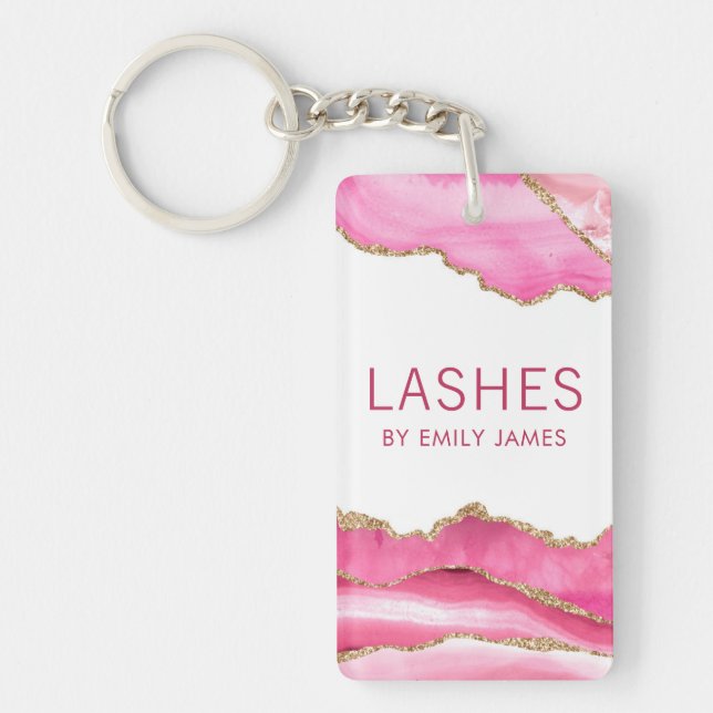 Trendy Modern Pink Agate Lash Extensions Beauty Key Ring (Front)