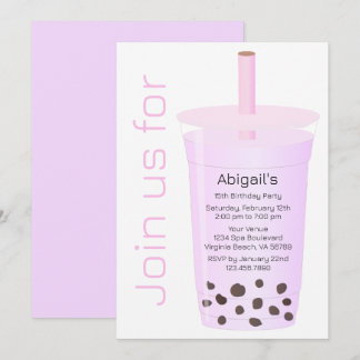 Trendy Modern Pink and Lavender Boba Tea Birthday Invitation