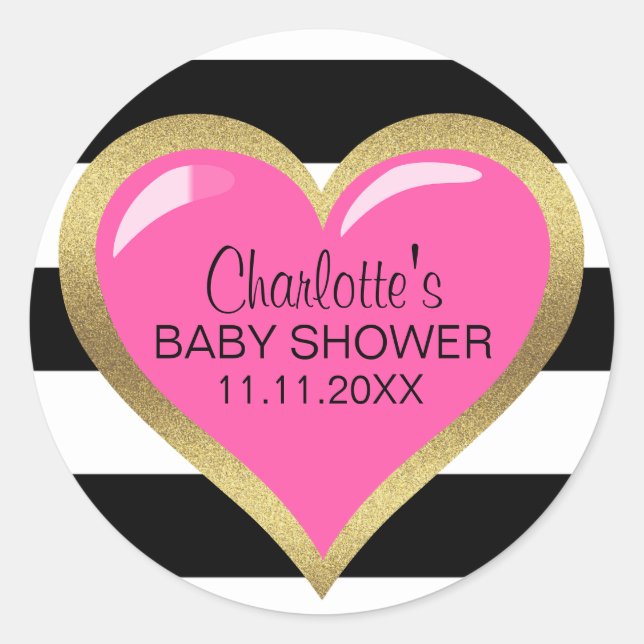 Trendy Modern Pink Heart Black White Baby Shower Classic Round Sticker (Front)