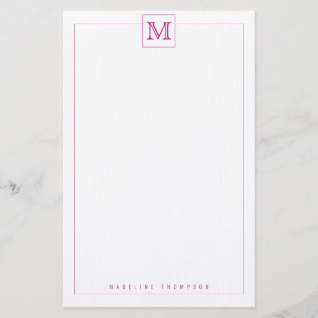 Trendy Modern Pink Initial Monogram Square border Stationery (Front)