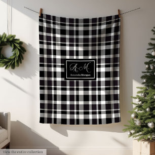 Trendy Modern Plaid in Grey Hues Monogram Throw Fleece Blanket