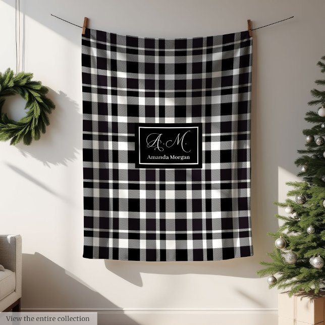 Trendy Modern Plaid in Grey Hues Monogram Throw Fleece Blanket (Trendy Modern Plaid in Grey Hues Monogram Throw Fleece Blanket)