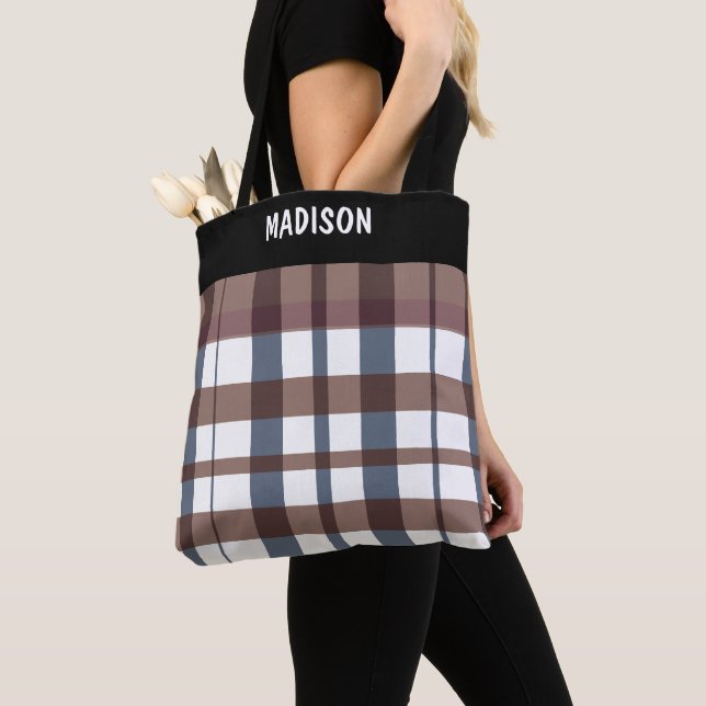 Trendy Modern plaid personalised Tote Bag (Close Up)
