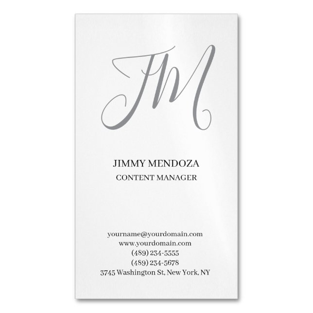 Trendy modern plain simple handwriting monogram magnetic business card (Front Vertical)