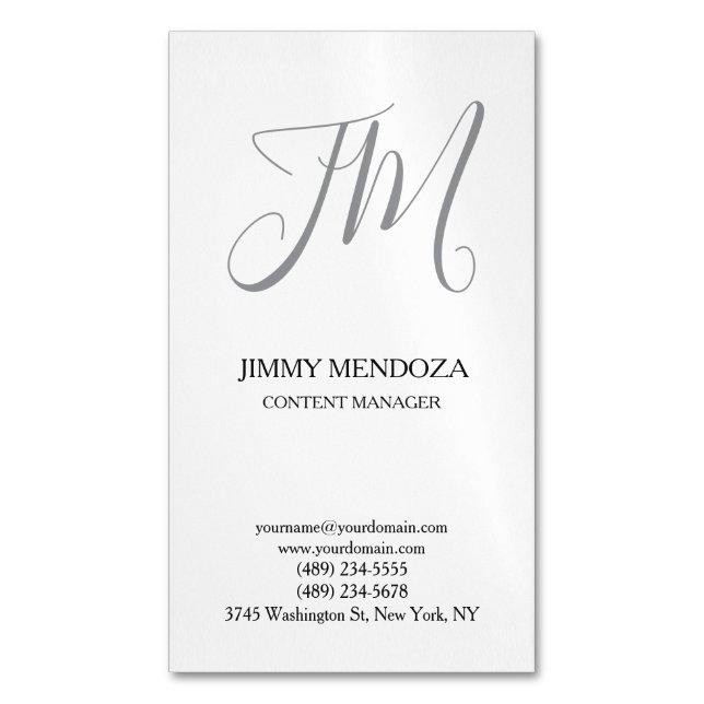 Trendy modern plain simple handwriting monogram magnetic business card (Front Vertical)