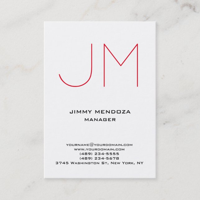 Trendy modern plain simple white red monogram business card (Front)
