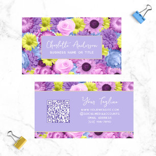 Trendy Modern Purple Floral Botanical QR Code Business Card