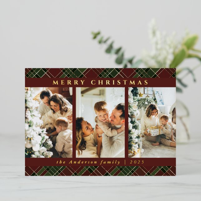 Trendy Modern Red and Green Tartan Christmas Photo (Standing Front)