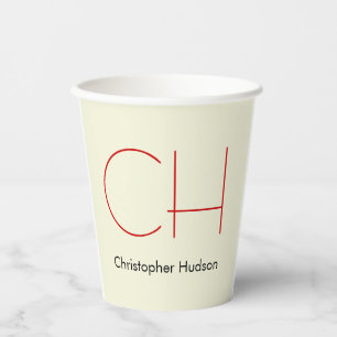 Trendy Modern Red Monogram Beige Paper Cups