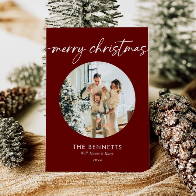 Trendy Modern Red Photo Merry Christmas Holiday Card (Creator Uploaded)