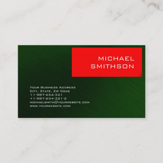 Trendy Modern Red Stripe Green Business Card (Front)