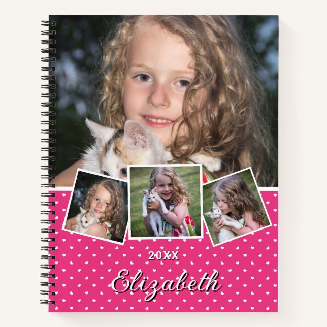 Trendy Modern Script 4 Photo Collage Custom Name Notebook (Front)