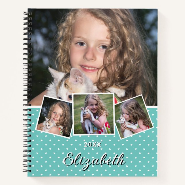 Trendy Modern Script 4 Photo Collage Custom Name Notebook (Front)