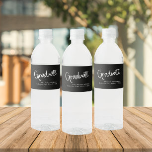 Trendy Modern Script Black & White Graduation Water Bottle Label