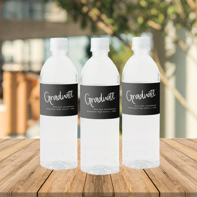 Trendy Modern Script Black & White Graduation Water Bottle Label (Creator Uploaded)