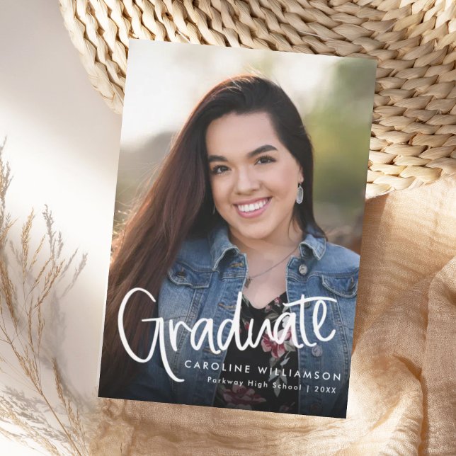 Trendy Modern Script Photo Graduation Announcement (Creator Uploaded)