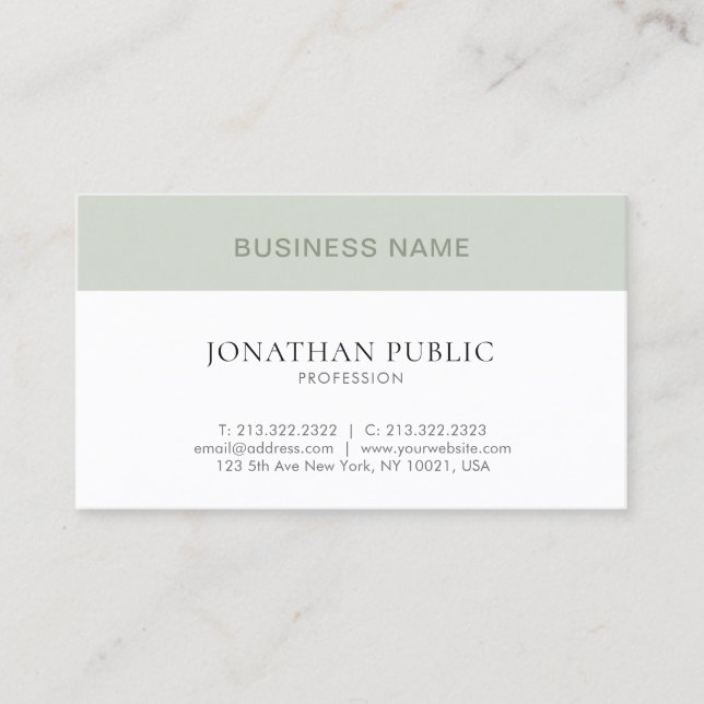 Trendy Modern Simple Plain Beige Green White Business Card (Front)