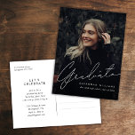 Trendy Modern Simple Script Photo Graduation   Invitation Postcard<br><div class="desc">This Modern Simple Script Photo Graduation Invitation Postcard features a full size photo on the front with white text overlay and your party details on the back.</div>