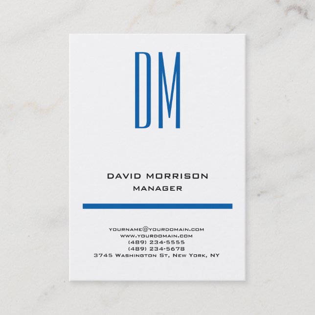 Trendy modern simple white blue monogram business card (Front)
