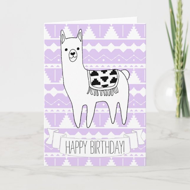 Trendy Modern Sketchy Aztec Llama Happy Birthday Card (Front)