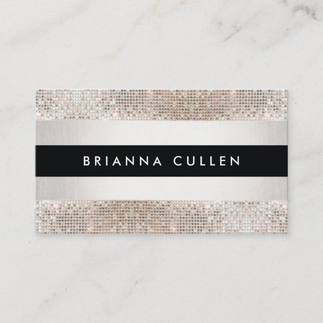 Trendy Modern Striped Silver Faux Sequin Business Card (Front)