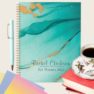 Trendy Modern Teal And Gold Marbled Day Planner