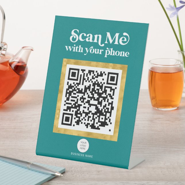 Trendy modern Teal networking QR code table sign (In SItu)