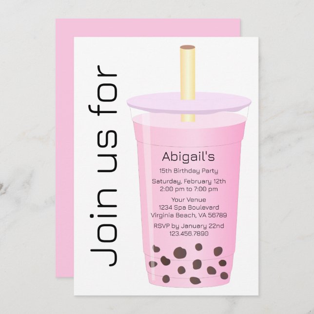 Trendy Modern White and Pink Boba Tea Birthday Invitation (Front/Back)