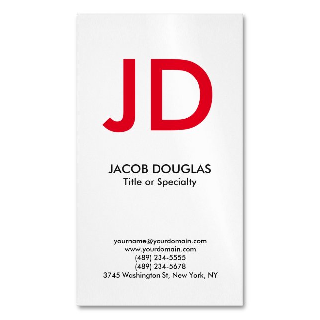 Trendy modern white grey bold monogram magnetic business card (Front Vertical)