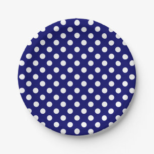 Trendy Modern White Polka Dots on Dark Navy Blue Paper Plate