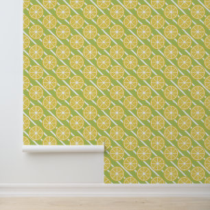 Trendy Modern Yellow Lemon Fruit Slice Green Wallpaper