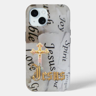 Trendy Monochrome Faith Pastel Cross Jesus iPhone 15 Case