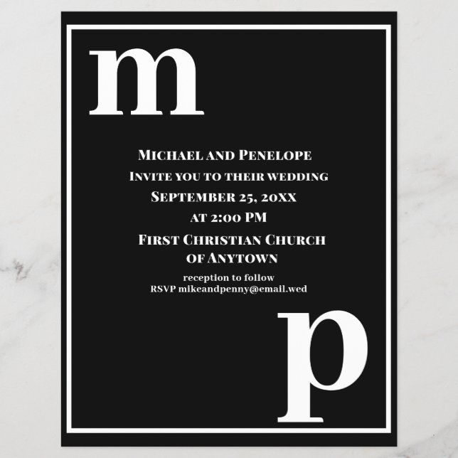 Trendy Monogram Basic Black Budget Wedding Invite  Flyer (Front)