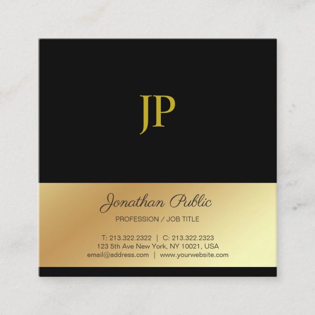 Trendy Monogram Black and Gold Design Luxury Silk Square Business Card (Front)
