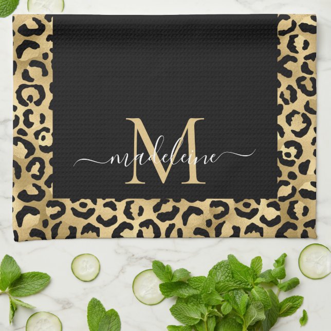 Trendy Monogram Black Gold Animal Print Tea Towel (Folded)