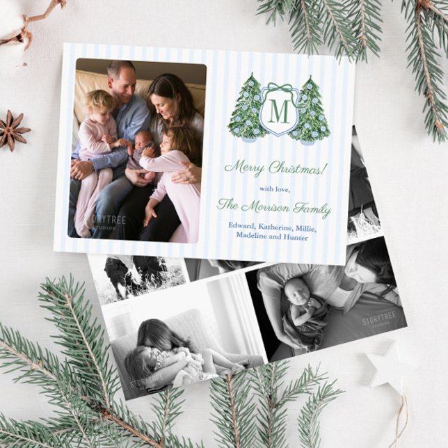 Trendy Monogram Blue Green Bow Stripes Photo Holiday Card (Modern preppy monogram merry christmas holidays card with hand-drawn and watercolor elements)
