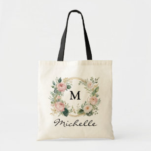 Trendy Monogram Burgundy Floral Wreath Script Name Tote Bag