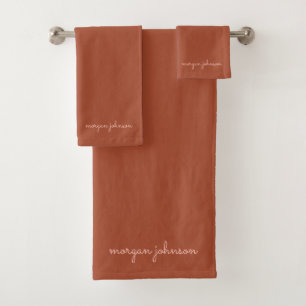 Trendy Monogram   Burnt Orange + Blush Script Name Bath Towel Set