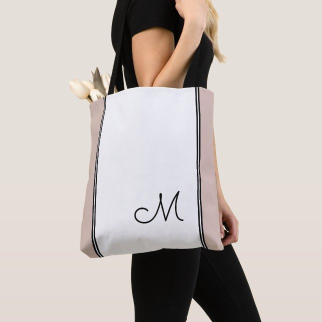 Trendy Monogram Chic Pink White Colour Block Black Tote Bag (Close Up)