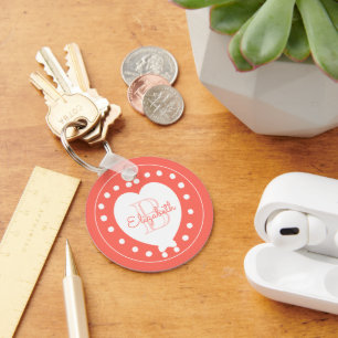 Trendy Monogram Coral White Heart Key Ring