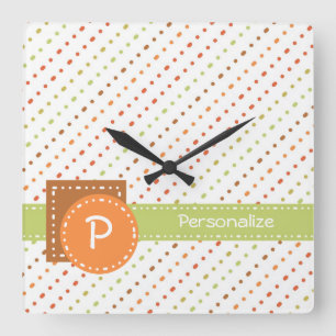 Trendy Monogram Dotted Stripes With Name Square Wall Clock