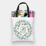 Trendy Monogram Eucalyptus Wreath Wedding Tote Bag<br><div class="desc">Trendy Monogram Eucalyptus Wreath Wedding Tote Bag by Girly-Girl-Graphics at Zazzle: Perfect for the lovely bride and her bridesmaids! Personalise this delicate whimically elegant, and uniquely chic, modern sophisticated stylish minimalistic rustic pastel botanical greenery pattern and fashionable script monogram initial typography wedding tote bag and share with the family and...</div>