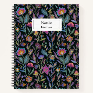Trendy monogram floral pattern l Black and purple Notebook