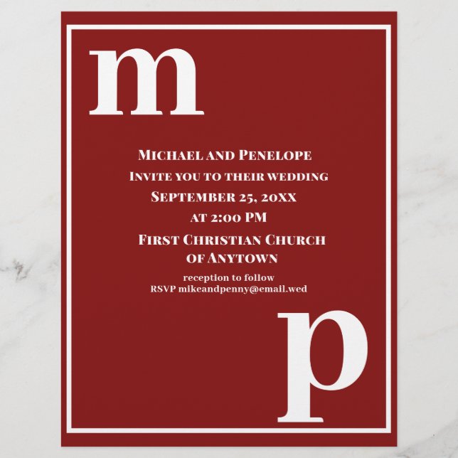 Trendy Monogram Garnet Red Budget Wedding Invite Flyer (Front)