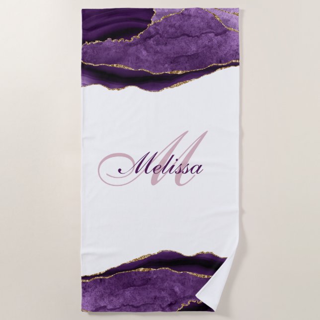 trendy monogram gold and purple agate beach towel (Front)