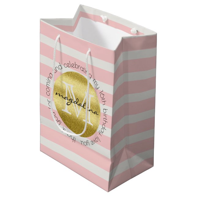 Trendy Monogram Gold Glitter Blush Pink Stripes Medium Gift Bag (Front Angled)